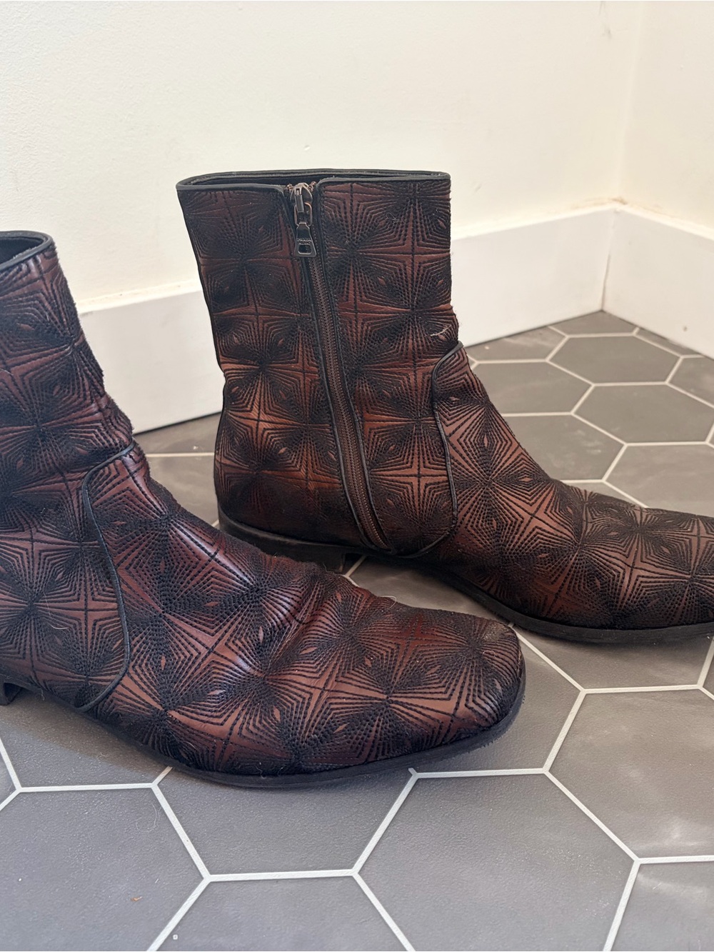 Prada Brown Textured Zip Ankle Boots